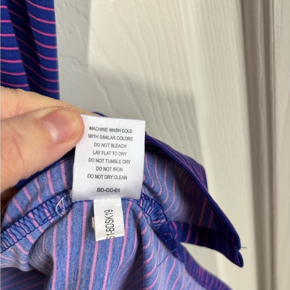 B Draddy Sport Shirt Men's XL Pink Blue Striped Golf Polo Performance Stretch - Picture 7 of 9